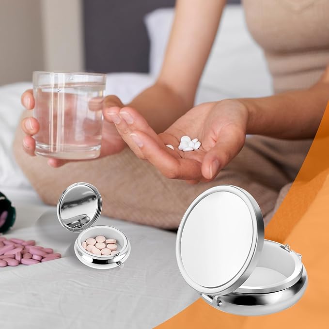 Pill Box Cute Small Pill Box for Purse & Pocket Medicine Organizer Travel Pillbox Waterproof Pill Case Metal Pill Container Holder for Vitamins, Fish Oil, Supplements(Silver)