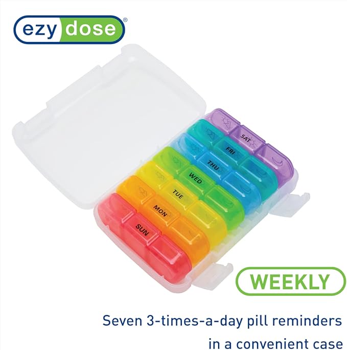EZY DOSE Weekly (7-Day) Daily Medtime Pill Organizer Case, Vitamin Planner and Medicine Container, Removable Large Pop-Out Individual Compartments, 3 Times a Day, Travel Friendly, Rainbow, BPA Free