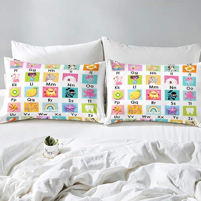 Feelyou Kids ABC Chart Bedding Set Full Size, Educational Bed Sheet Set Boys Girls Preschool Fitted Sheet Learning Teens Bedroom Decor Bed Set 3Pcs (No Flat Sheet)