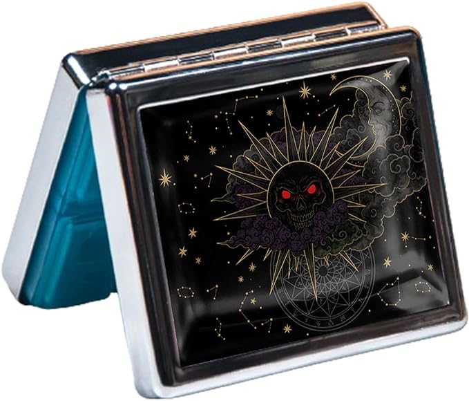 Silver Vintage Pill Box 7 Day Metal Pill Box with Mirror and 8 Compartments Cute Travel Pill Organizer for Purse (The Sun and The Moon in The Darkness)