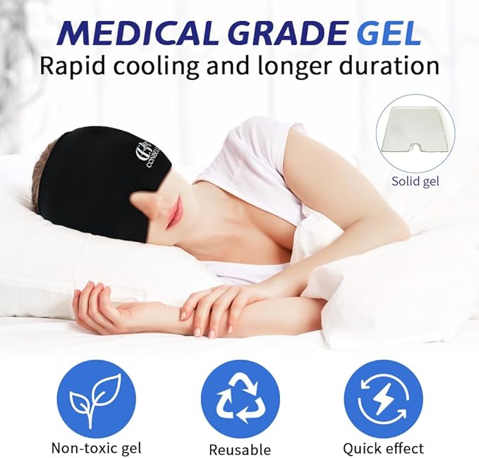 Migraine Relief Cap, Soothing Headache Ice Face Mask Products, Hot and Cold Therapy, Migraine Headache Relief Cap for Migraine, Sinus, Puffy Eyes, Tension, Stress and Hangover(Black)