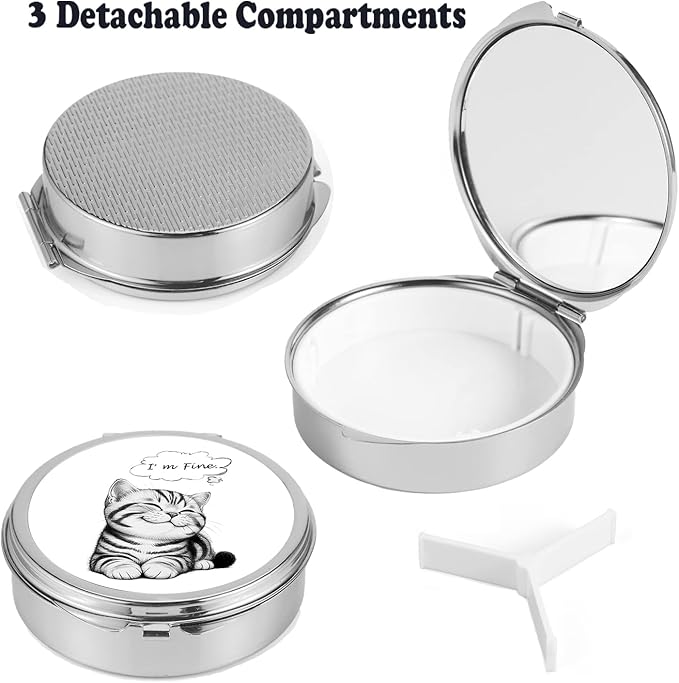 Small Pill Box 3 Detachable Compartments Pill Case with Mirror 2.4inches Pocket Round Medicine Organizer, Mini Portable Pill Organizer for Pocket Purse& Travel Convenience-Cute Black White Lovely Cat