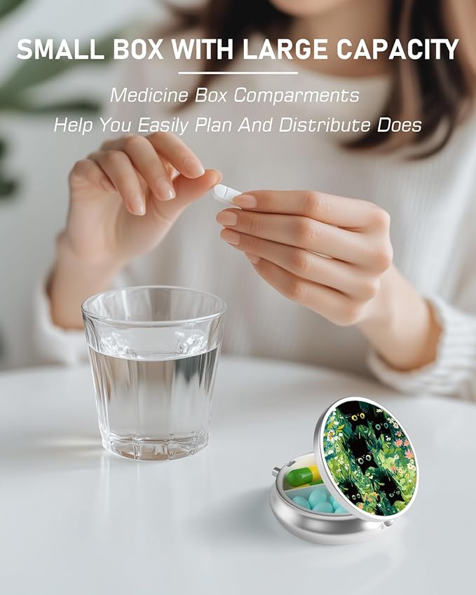 Pill Box, 3 Compartment Portable Travel Medicine Box with Mirror, Compact and Cute, Fits in Purse and Pocket, Medicine and Vitamin Organizer (Grass and Cat)