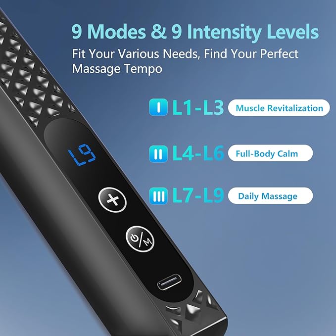 Massage Gun with Extension Handle, Handheld Back Massager Tool, Massager for Neck/Leg/Shoulder Pain, 9 Adjustable Speeds & Modes and 5 Replaceable Blades, Gifts for Tech Lovers