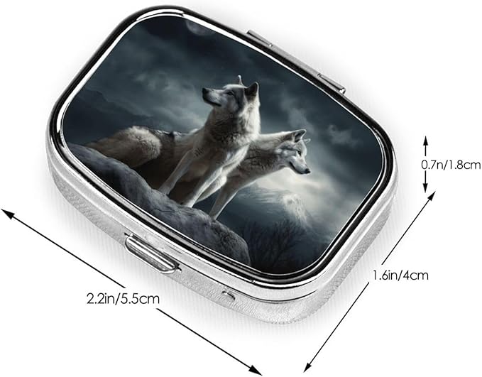 Square Pill Box 2 Compartment Medicine Pill Case Wolf at Night Pill Box for Purse Pocket Waterproof Metal Pill Container Portable Pill Holder Mini Pill Organizer for Travel or Daily