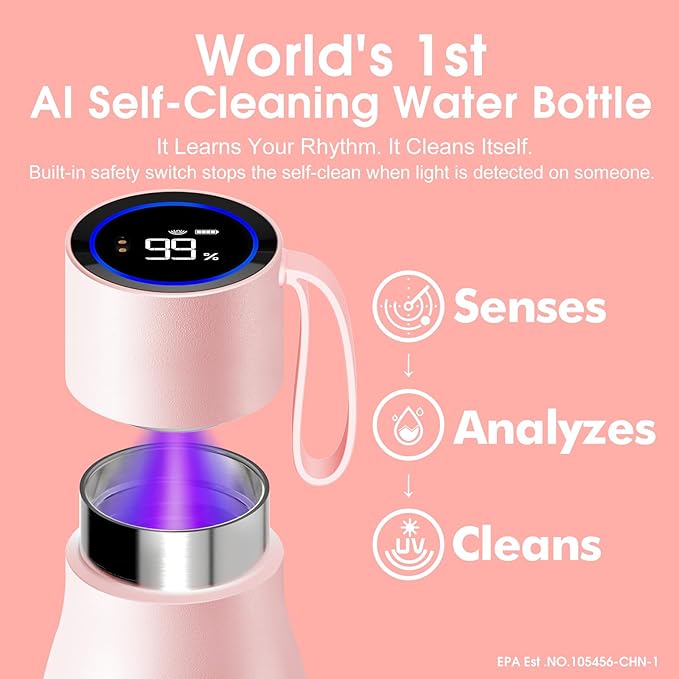 VSITOO 15oz Mini Smart Water Bottle，Self-Cleaning Insulated Bottle, Small Thermoses with AI, App & Touchscreen, Perfect Purse Water Bottle for Travel, Gym & Office, Pink