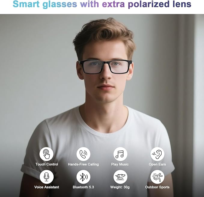 Smart Bluetooth Audio Glasses with Open-Ear Speakers, Extra UV400 Polarized Sunglass Lenses Included, Wireless Music & Calls, Compatible with iOS & Android, 5H Playtime