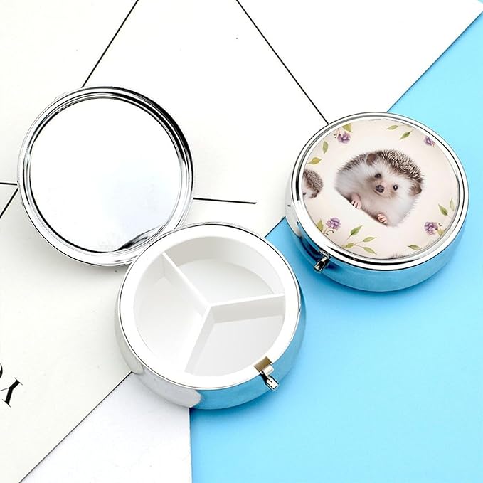 Cute Baby Hedgehog Pill Box Travel Pill Case for Purse Pocket Weekly Medicine Organizer with Mirror 3 Compartment Round Medicine Case Portable PillcaseHolder for Daily