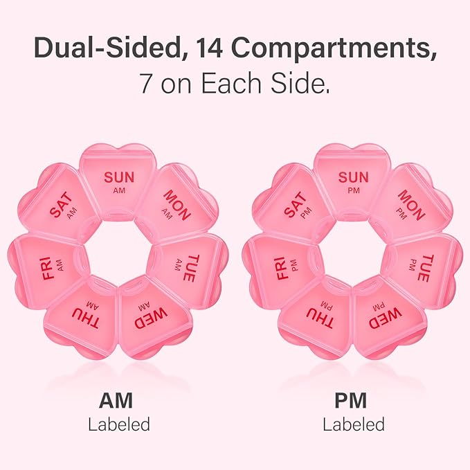 Weekly Pill Organizer, 7 Day AM/PM Pill Box with 14 Compartments, 2 Times a Day Travel Pill Case for Vitamins, Medicine, Fish Oil & Supplements (Pink)
