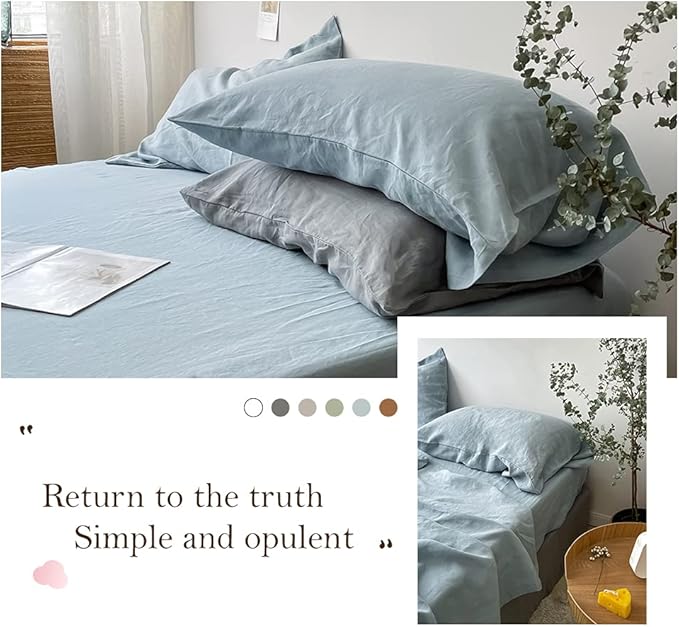 Simple&Opulence Washed Linen Bed Sheet Set Basic Style 4 Pieces (1 Flat Sheet & 1 Fitted Sheet & 2 Pillowcases) 100% Natural French Flax Soft Breathable Farmhouse Bedding (Queen, Duaty Blue)