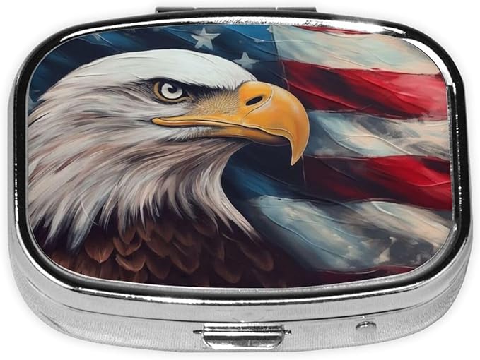 Vintage American Flag and Eagle Painting Print Square Metal Pill Box with 2 Compartment for Pocket or Purse Travel Bag Small Size 2.2 inche
