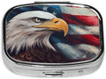 Vintage American Flag and Eagle Painting Print Square Metal Pill Box with 2 Compartment for Pocket or Purse Travel Bag Small Size 2.2 inche