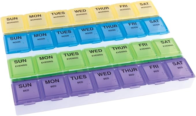 EZY DOSE Weekly (7-Day) Daily Medtime Pill Case, Medicine Planner, Vitamin Organizer, Supplement and Fish Oil Container, Large Compartments with Rounded Base, 4 Times a Day, Colored Lids, BPA Free