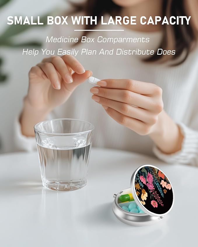 Pill Box, 3 Compartment Portable Travel Medicine Box with Mirror, Compact and Cute, Fits in Purse and Pocket, Medicine and Vitamin Organizer (Flower Bed)