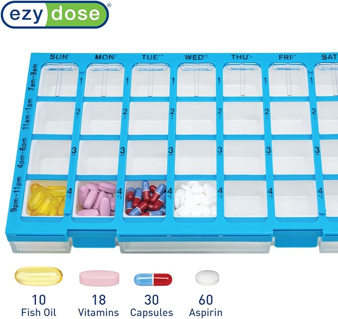 EZY DOSE Weekly AM/PM (7-Day) Daily Pharmadose Pill Planner, Medicine Case, Vitamin and Supplement Organizer, Large Easy Fill Compartments, 4 Times a Day, 28 Compartments, Clear Lids, Blue, BPA Free