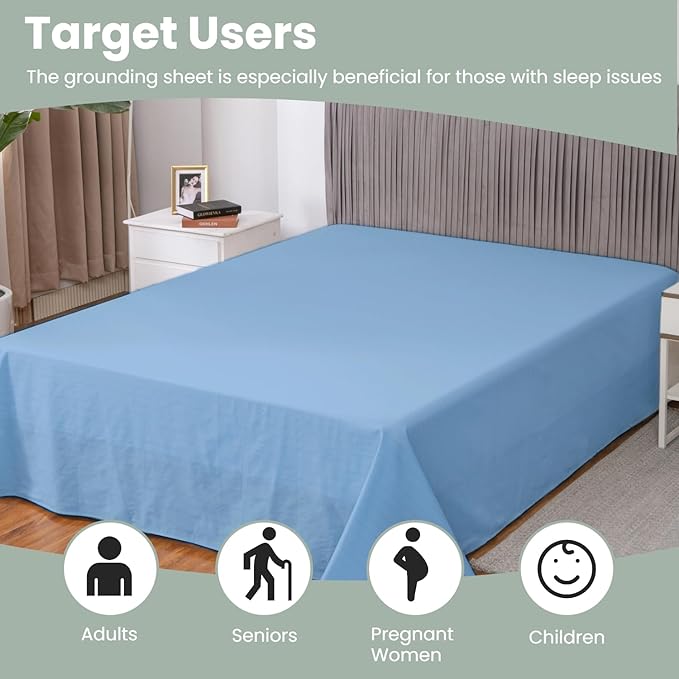 GLUYOHEY Grounding Flat Sheet Cali-King (108"x102") Conductive Silver Fiber Earthing Bed Sheets with Grounded Cord Reconnect with Earth’s Energy for Better Sleep and Enhanced Wellness, Light Blue