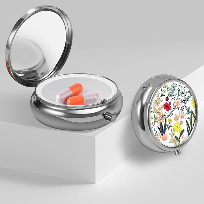Mini Pill Box, Small Pill Box, Portable Pill Box, Cute Pill Organizer for Vitamins, Medications, Fish Oil and Supplements (White Flowers + Black Flowers)