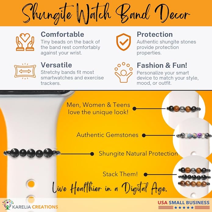 Shungite Smart Watch Band Bling Decor Charm | Compatible with Apple iWatch Galaxy Oculus | 38mm 40mm 41mm 42mm 44mm 45mm 49mm | Smartwatch Protection