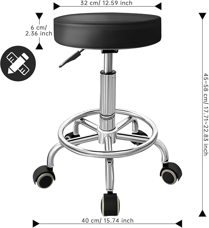 PU Leather Rolling Stool with Foot Rest Round Height Adjustment Swivel Spa Drafting Salon Tattoo Work Office Massage Vanity Stools Task Chair (Black)