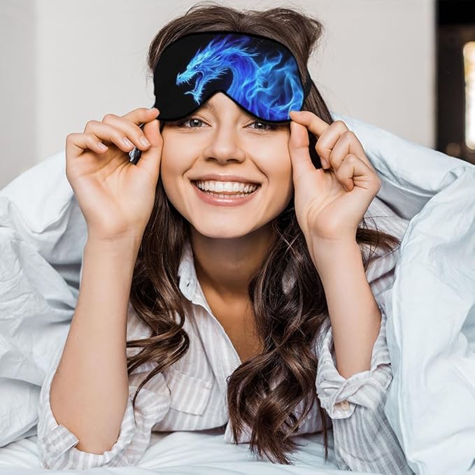 Fiery Dragon Sleep Eye Mask Blue Dragon Black Silk Eye Mask Sleeping Soft Eye Shade Cover for Men Women Boy Girl Airplane Travel with Elastic Strap