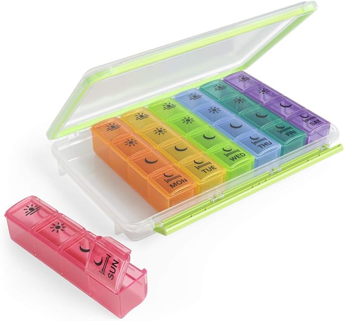 Ezy Dose Weekly (7-Day) Pill Case, Medicine Planner, Vitamin Organizer Box, Convenient and Easy to Use, X-Large Pop-Out Compartments, 4 Times a Day, Rainbow Lids with Case, BPA Free