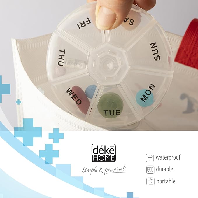 Deke Home - Round Portable Pill Box (2 Pack), Medicine Planner, Small 7 Day Weekly Travel Container, Medication, Vitamin Holder, Pillbox Organizer, Pill Dispenser, Daily Sorter & Reminder, BPA Free