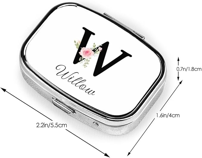Custom Pill Box Personalized Square Small Pill Case with Mirror Add Your Photo Text Logo Name Decorative 2 Compartment Portable Metal Medicine Container Vitamin Organizer for Pocket Purse Travel (W)