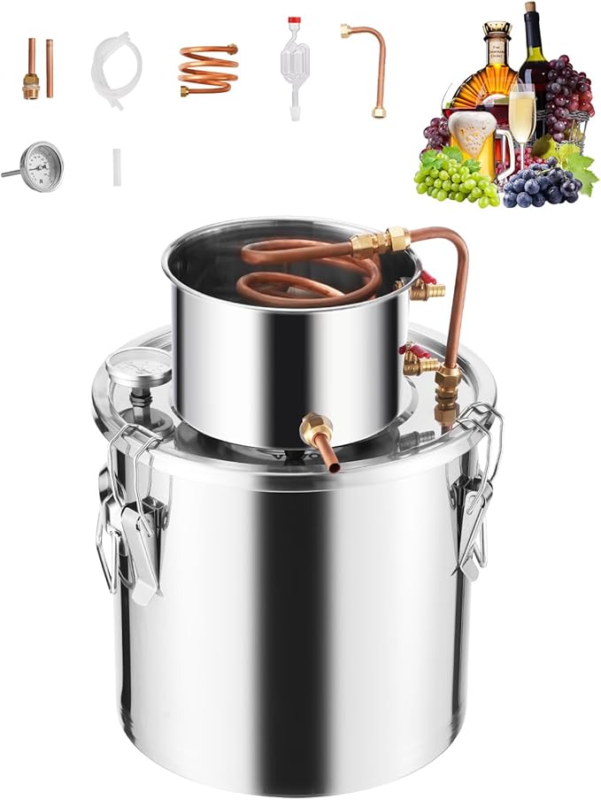 VEVOR Alcohol Still, 5 Gal / 19 L Stainless Steel Water Alcohol Distiller with Copper Coil, Home Brewing Refining Fermentation Kit with Thermometer, for Wine Whisky Brandy, Silver