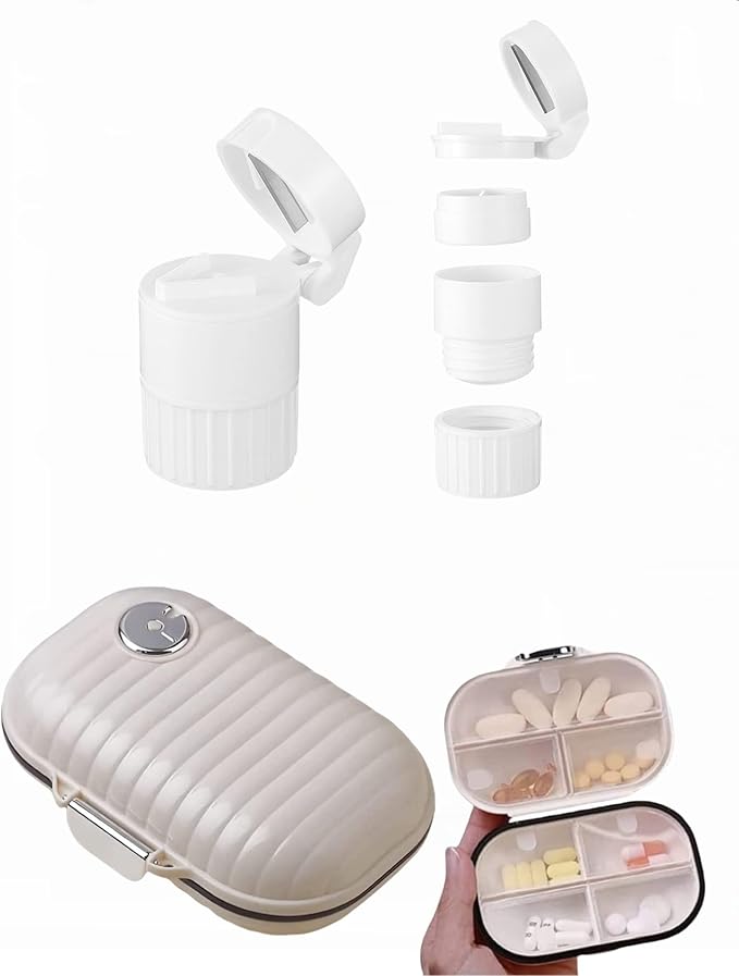 2-in-1 Travel Pill Organizer Set – 7-Day Weekly Pill Case with Medication Tracker + 4-in-1 Pill Cutter, Crusher, Storage Box & Water Cup – Portable Medicine Kit for Travel, Home, Elderly Use (White)