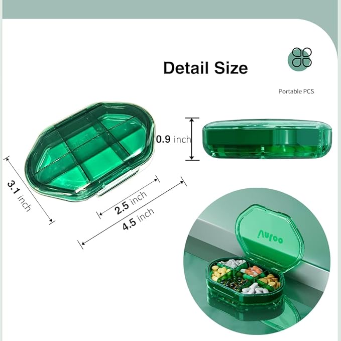 Pill Box, 6 Compartments Portable Pill Case, Moisture-Proof Pill Organizer, Medication Supplements Pill Case (Green)