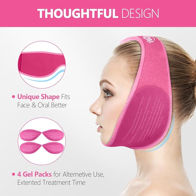 Hilph Wisdom Teeth Ice Pack Head Wrap – Face Ice Pack for Jaw Oral Surgery & TMJ Relief, Upgraded Large Jaw Ice Wrap with 4 Hot Cold Gel Packs for Dental Surgery, Tonsillectomy, Tooth Extraction, Pink
