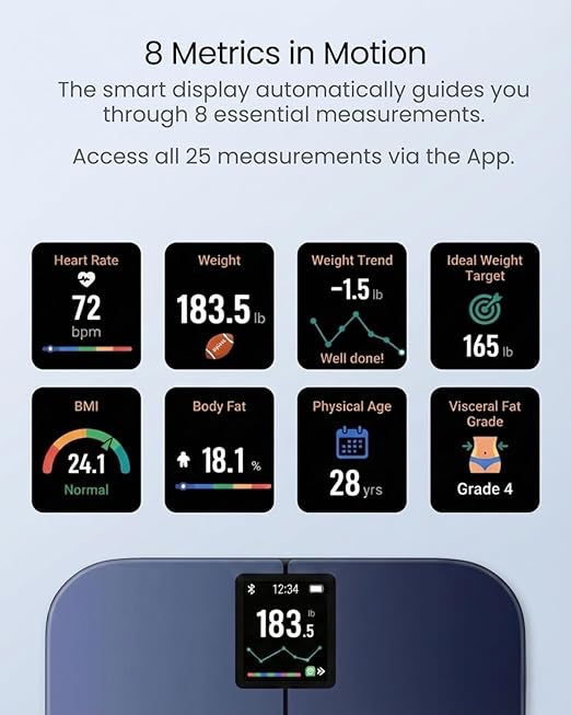 Smart Scale for Body Weight, BMI, Body Fat, Muscle Mass, 3.4" TFT Color Display Digital Bathroom Scale, 25 Body Composition Analysis, Sync App, Bluetooth, 400 lbs - Nexa 4
