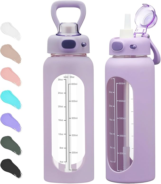 SIEROZUR 32 oz Glass Water Bottle with Straw and Handle 1 Liter Glass Water Bottle with Silicone Sleeve and Time Marker Sports Water Jug Wide Mouth for Travel Gym