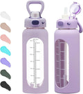 SIEROZUR 32 oz Glass Water Bottle with Straw and Handle 1 Liter Glass Water Bottle with Silicone Sleeve and Time Marker Sports Water Jug Wide Mouth for Travel Gym