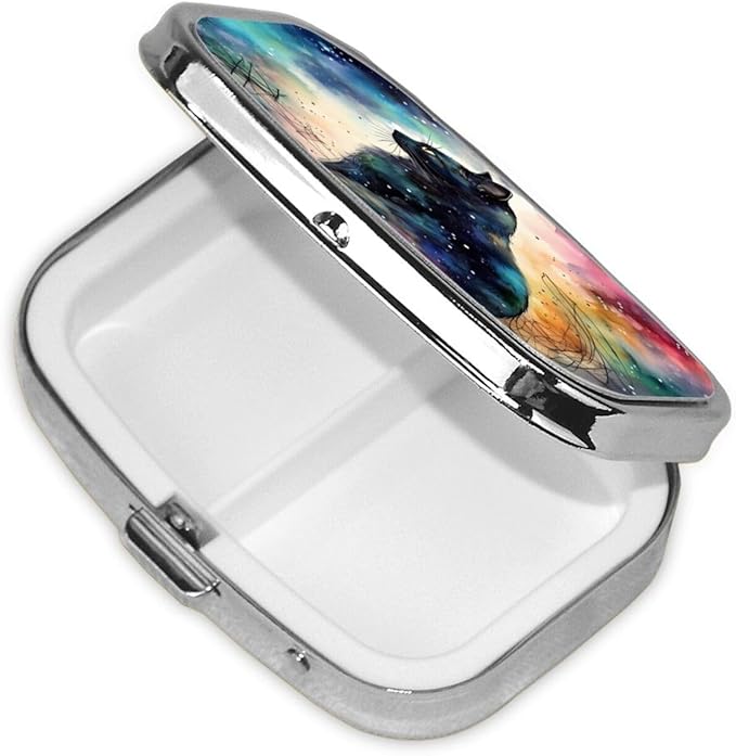 Art Black Cat Pill Box with Mirror 2 Compartment Metal Square Small Pill Case for Purse Pocket Portable Pill Container Holder Travel Medicine Organizer for Vitamin Fish Oil Supplement