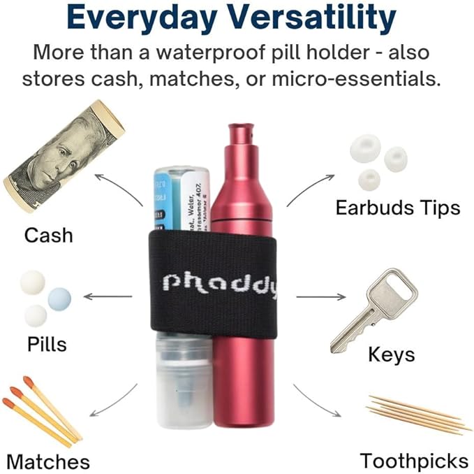 phaddy Keychain Pill Holder – Waterproof Airtight EDC Capsule Container, Aluminum Pill Box with Modular Band for Keys, Travel, Emergency Cash, Vitamins & Essentials (Pink, King Size)