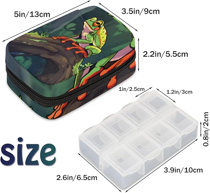 Cartoon Cute Frog Travel Pill Organizer Bag Portable Weekly Pill Box Travel Medicine Organizer 7 Day Pill Case with Zipper for Daily Travel Family Business