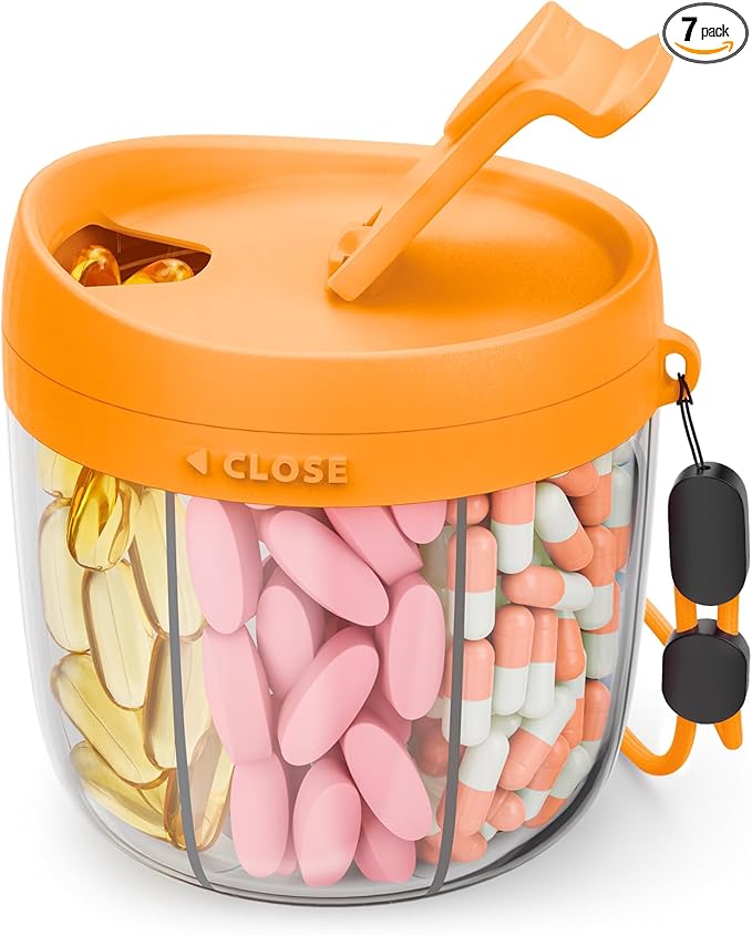 Cute Pill Dispenser with 7 Large Compartments, Portable Pill Bottle Organizer with Wide Opening for Easy Use, Anti-Mix Pill Organizer for Travel, BPA-Free Pill Container, Orange