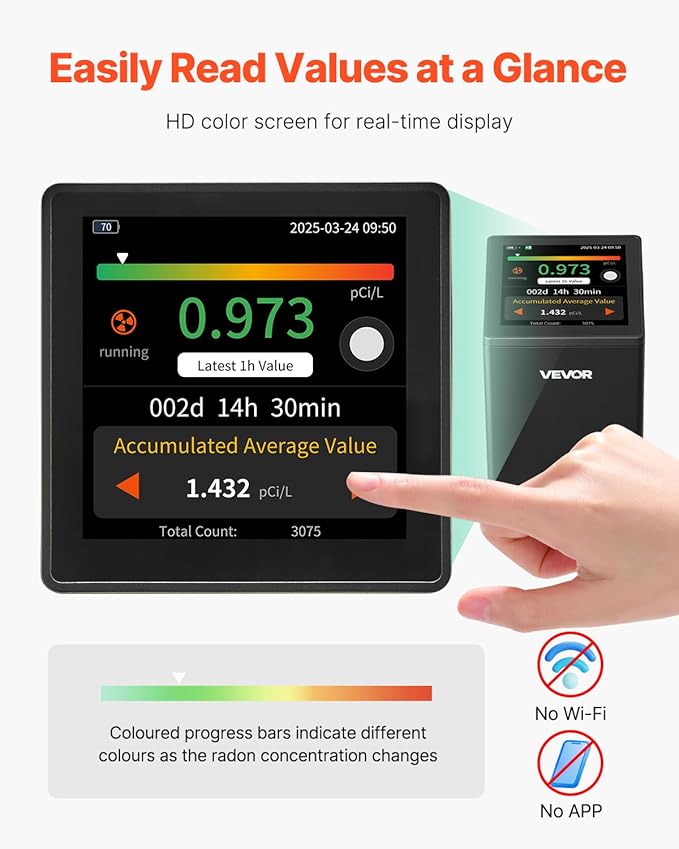 VEVOR Home Radon Detector, 2Bq to 20kBq/m³, HD Color Screen for Real-time Display, Short-Term & Long-Term Monitoring, Portable with LCD Screen, Multiple Detection Periods Support, Battery Powered