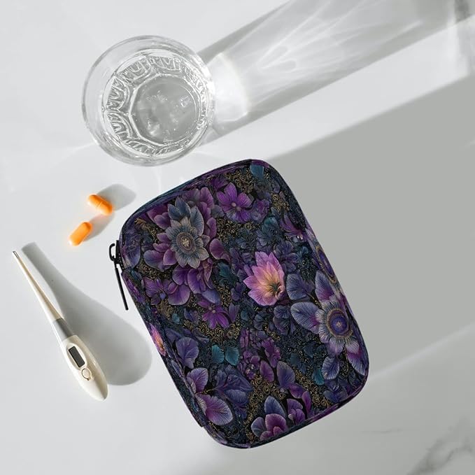 Purple Floral Mandala Pill Case Travel Pill Organizer Weekly 7 Day Portable with Zipper Medicine Box Pill Case for Vitamins, Birth Control,Fish Oils,Medication, Supplements