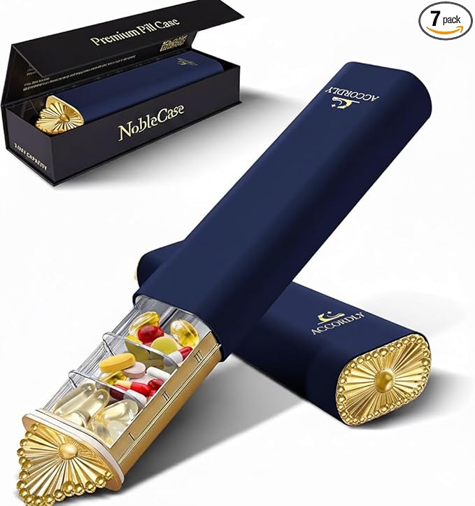 7 Day Metal Pill Organizer, Luxury Pill Compact, Travel Pill Case for Purse, Elegant Fancy Gold Pill Case for Vitamins, Medicine, Supplements, Luxury Wellness Gift - Navy