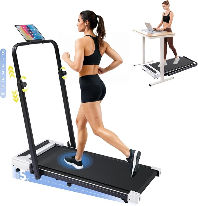 GORISE Walking Pad Treadmill with Adjustable Height Handle Bar, 3HP Quiet Foldable Under Desk Treadmill, Portable Treadmills for Home 350LBS with Remote Control LED Display
