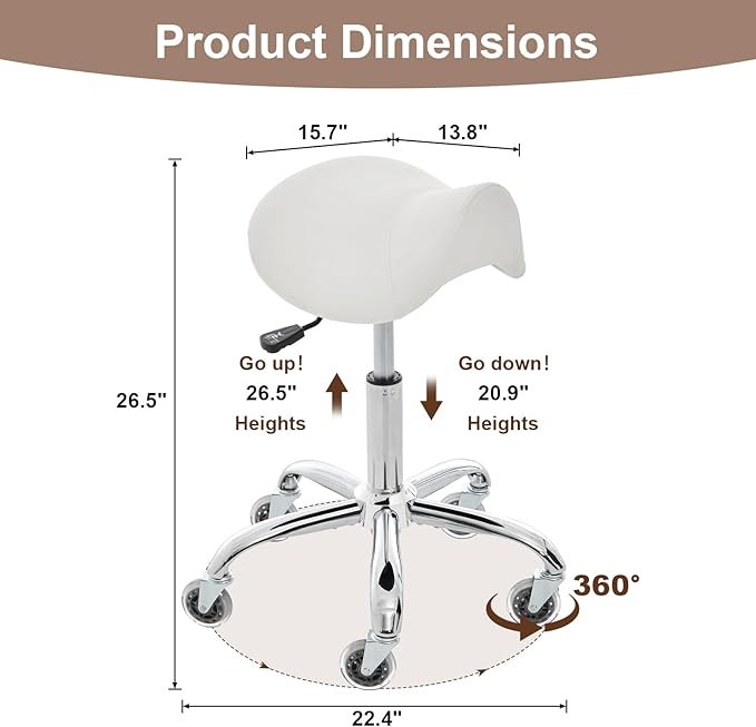 Saddle Stool, Ergonomic Saddle Chair with Wheels 450 LBS, Adjustable Height Swivel Salon Stool, Rolling Stool for Home Office Tattoo Massage Clinic Lab Beauty (White)