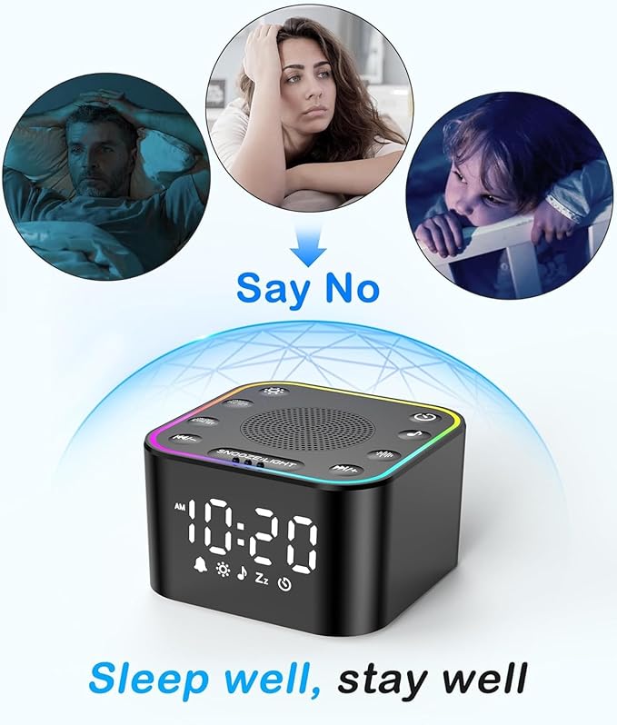 Sound Machine with Alarm Clock: 30 Non-Looping Sleep Sounds - White Noise Alarm Clock for Natural Wake Up - Adjustable Volume & Light, Memory Function, Sleep Timer (Black)