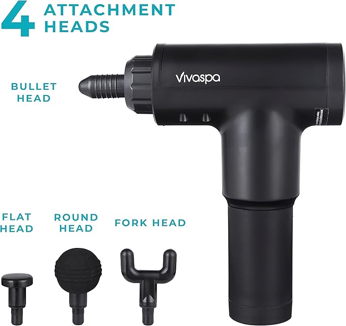 Vivitar Vivaspa Handheld Cordless & Rechargeable Massage Gun with LCD Display for Athletes, Percussive Deep Tissue Percussion Massager with 4 Interchangeable Heads and 6 Speed Modes, Black