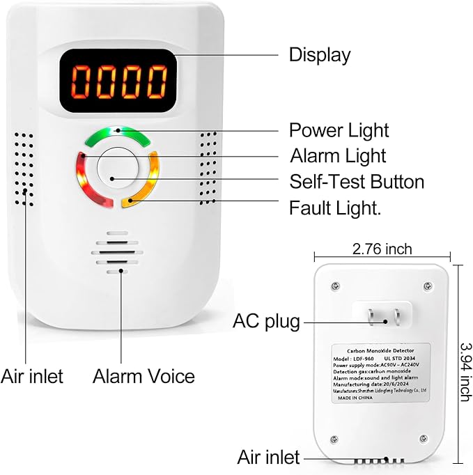 Carbon Monoxide Detectors Plug in Wall ，CO Detector 100-250V AC Power Operated，Portable Travel Carbon Monoxide Alarm with LCD Display Sound Light Warning for Home/Hotel/RV