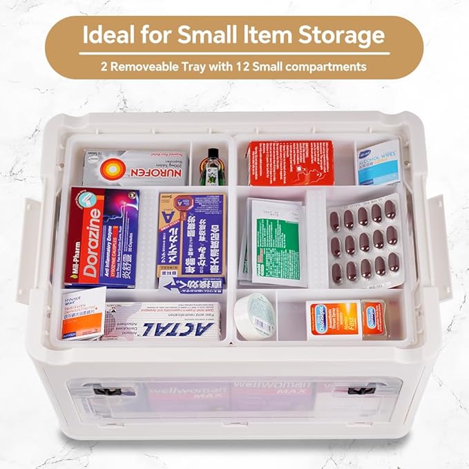 DOUKE 30qt Medicine Organizer Storage Box - Plastic First Aid Box Empty with Lid, Stackable Medical Container with Handle & Wheels, Sturdy BPA-Free Case with Tray for Medication & Supplies