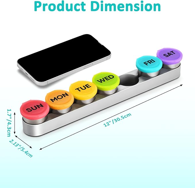 Weekly Metal Pill Case 7 Day, Stainless Steel Pill Box Organizer for Travel, Waterproof Medicine Container, Portable Daliy Pill Holder for Vitamins Fish Oils (Small)