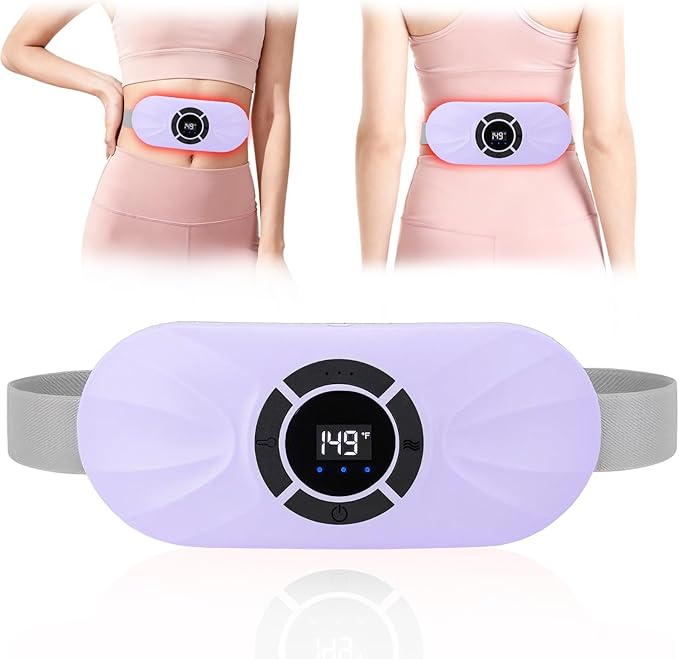 Portable Heating Pad for Period Cramps Relief Vibrating Menstrual Heating Belt for Women, Rechargeable Fast Heat with 6 Heat Levels and 6 Modes for Menstrual, Pain Relief for Back & Stomach (Purple)