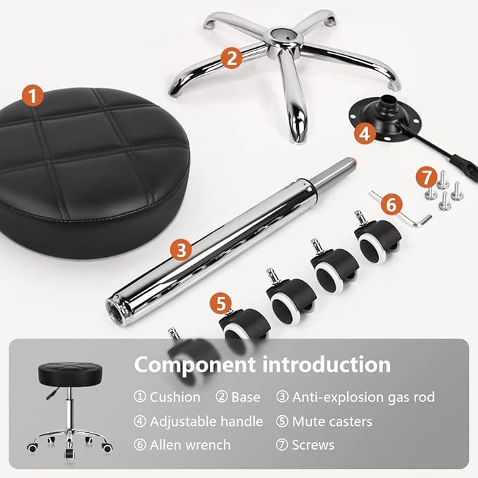 KKTONER Round Rolling Stool PU Leather Height Adjustable Swivel Drafting Work SPA Medical Salon Stools Chair with Wheels Black